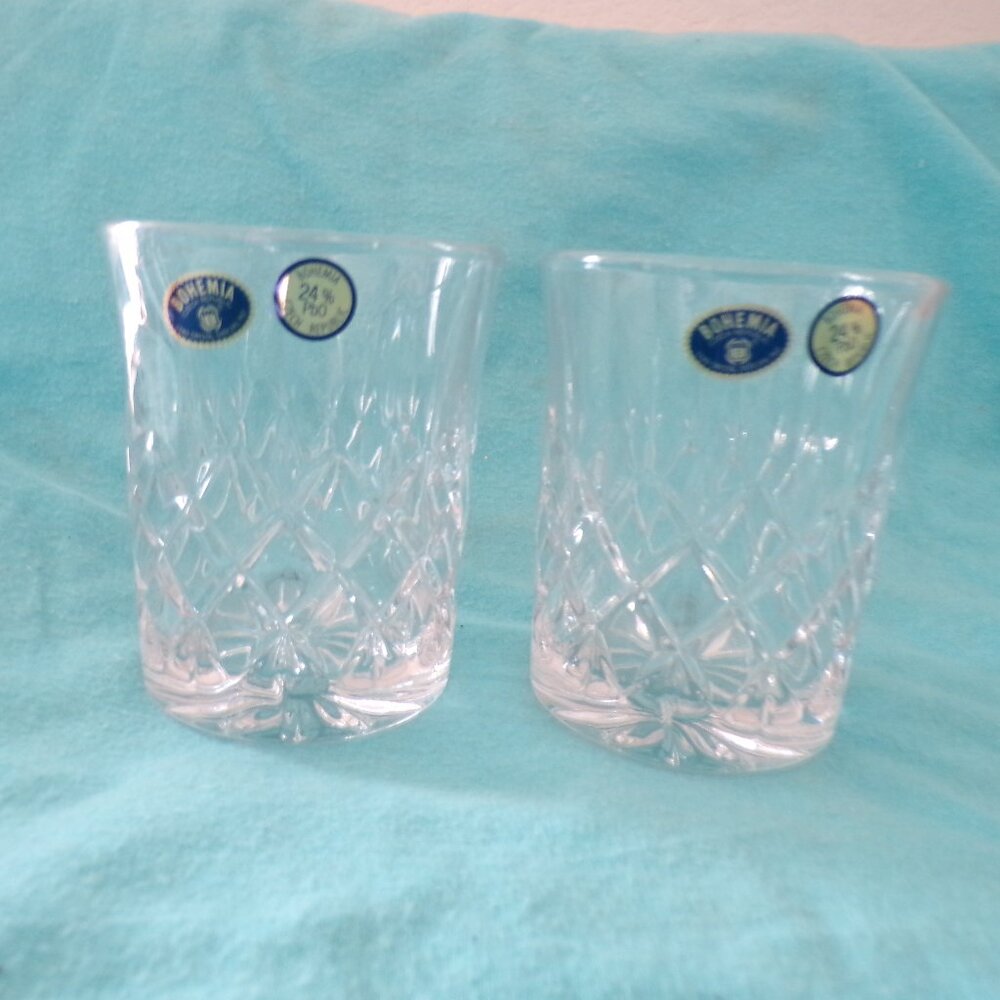2 Bohemia Hand Cut 24% Lead Crystal Glasses Beer Water Beverages Whiskey NEW